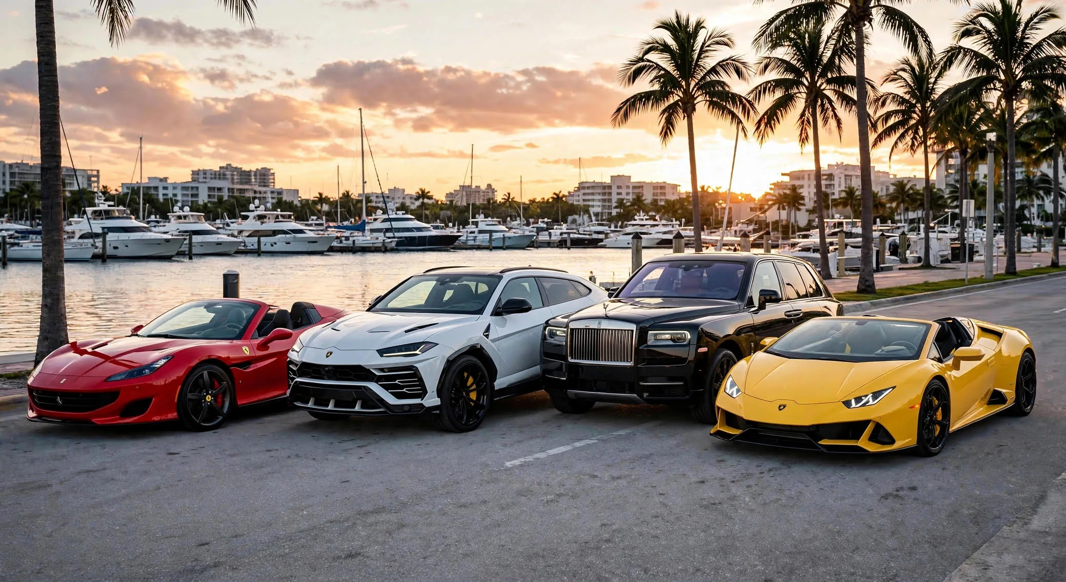 Ferrari, Lamborghini and Rolls-Royce beside a Miami marina at sunset