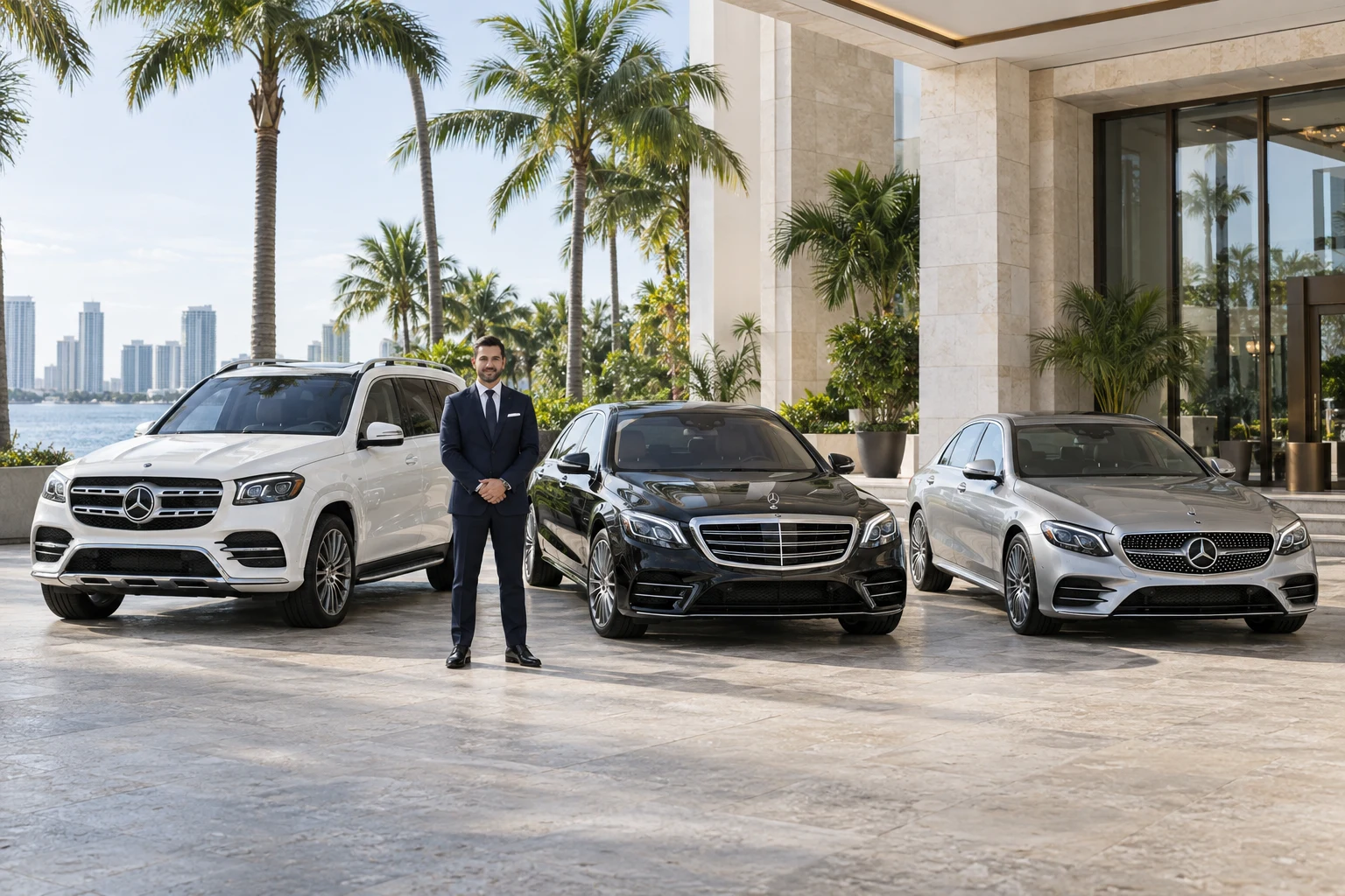 Driver beside a white SUV and two luxury sedans at a palm-lined Miami waterfront entrance