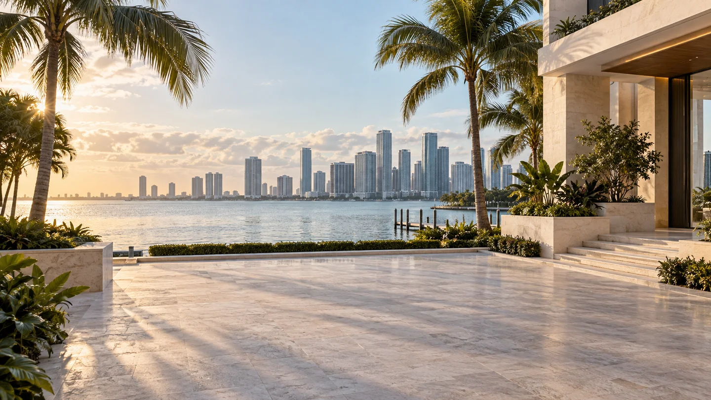 Palms and pale stone architecture overlooking the Miami waterfront